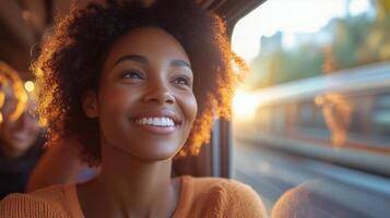 Woman enjoying a train journey during sunset with a warm smile and bright atmosphere. photo