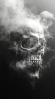 Skull shrouded in smoke creating a haunting atmosphere in monochrome. photo