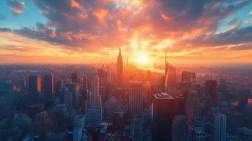 Sunset over New York City skyline with clouds and reflections in the evening sky. photo