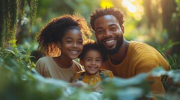 Smiling family enjoying quality time in a lush green park during golden hour. photo