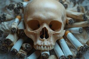 Skull surrounded by rolled cigarettes on textured surface creates a striking visual display. photo