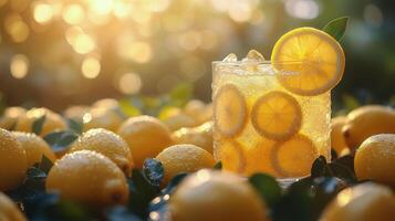 Refreshing lemonade drink surrounded by fresh lemons in sunlight. photo
