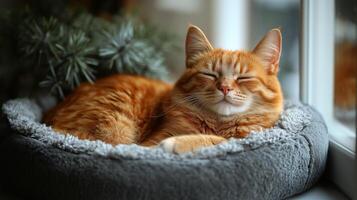 Orange cat relaxing peacefully in a cozy bed by the window at midday. photo