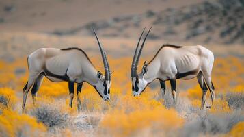 Two oryx gazing at each other in a vibrant yellow landscape during the golden hour. photo