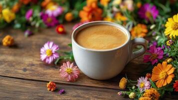 Enjoying coffee surrounded by vibrant flowers in a cozy setting. photo