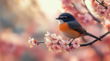 Colorful bird perched on a branch with blooming flowers during a serene spring morning. photo