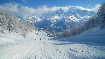Snowy ski slope with distant mountains and clear blue sky during winter. photo