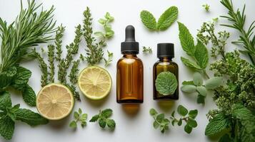 Essential oils and fresh herbs arranged creatively on a white background with lime slices. photo