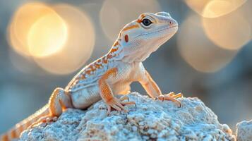 Colorful lizard perched on a rock against a blurred background of natural light. photo