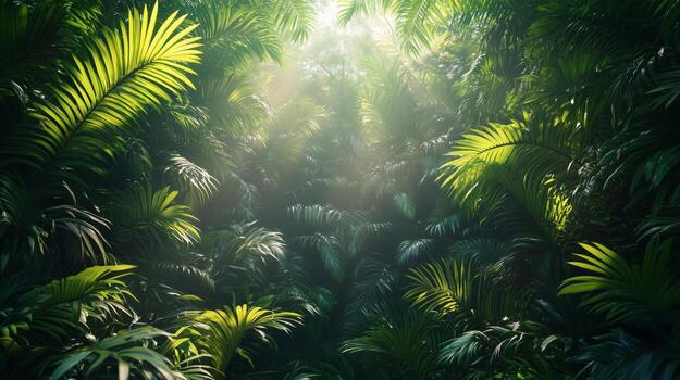 Lush jungle with sun rays filtering through dense foliage in a tranquil setting. photo