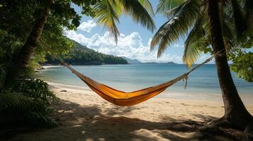 Relaxing hammock on a tropical beach with palm trees under a sunny sky. photo