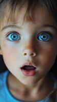Captivating child displays wonder with striking blue eyes and an open mouth expression indoors. photo