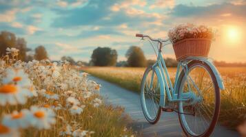 Bicycle parked on a country path surrounded by wildflowers at sunset. photo