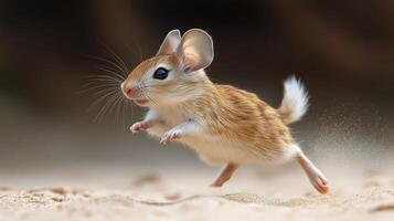 Small desert mouse leaps across sandy terrain in search of food during a sunny afternoon. photo