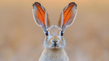 Hare with striking ear colors in natural habitat during golden hour. photo