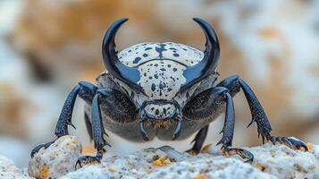 Unique close-up of a striking beetle with horns on a rocky surface in daylight. photo