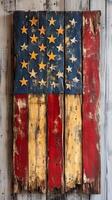 Rustic wooden American flag wall art with stars and stripes in a distressed finish. photo