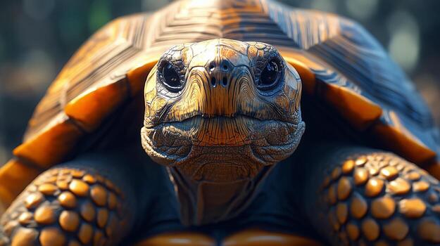 Close-up of a tortoise showcasing intricate shell patterns in a natural setting during daylight. photo