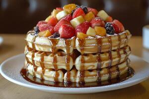 Delicious stack of waffles topped with fresh fruit and syrup served at a brunch spot. photo