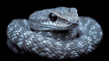 Close up of a blue snake with intricate scales and a striking gaze on a dark background. photo