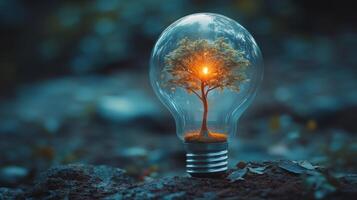 Illuminated tree growing inside a light bulb creating a surreal environment at dusk. photo