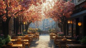 Charming outdoor cafe surrounded by blooming cherry blossom trees at sunrise in an inviting alleyway. photo