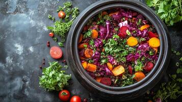 Colorful salad preparation with fresh vegetables and herbs in a black bowl on a textured surface. photo