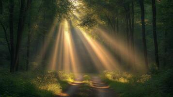 Light beams streaming through trees in a tranquil forest path during early morning. photo