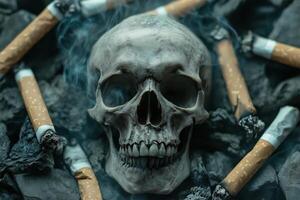 Skull surrounded by cigarettes on dark surface in a somber arrangement. photo