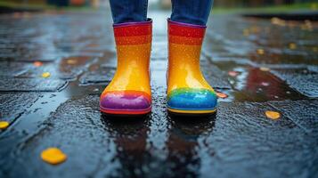 Colorful rain boots on a wet pavement after a rain shower in a park during autumn. photo