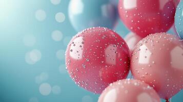 Colorful balloons with water droplets against a bright blue background during a festive celebration. photo
