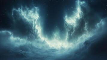 Dramatic cloud formation illuminated by moonlight over a calm night sky. photo