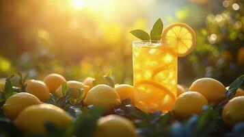 Refreshing lemon drink garnished with mint in a sunny garden full of fresh lemons. photo
