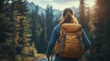 Hiker with backpack exploring forest trail in mountains during golden hour. photo