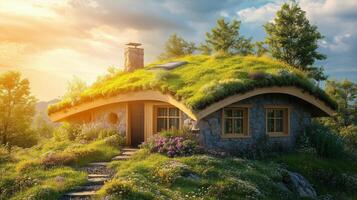 Unique eco-friendly house with a grassy roof nestled in a tranquil landscape during sunset. photo