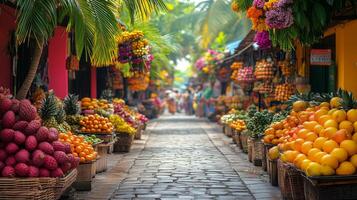 Vibrant fruit market bustling with activity in tropical location during sunny day. photo