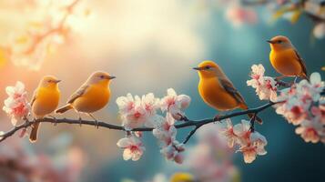 Vibrant yellow birds perched on cherry blossom branches in springtime sunlight. photo