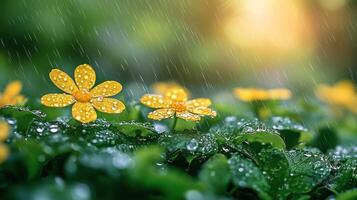 Beautiful yellow flowers with raindrops in a lush green garden at sunset. photo