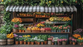 Flower market display with vibrant blooms and fruits in a rustic setting during daytime. photo