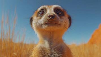 Cute meerkat standing in golden grass under clear blue sky during bright day. photo