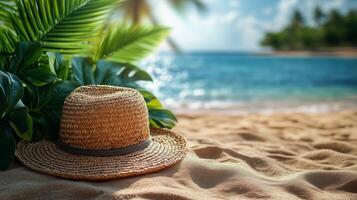 Relaxing beach scene with straw hat and lush greenery near calm ocean water. photo