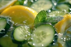 Refreshing drink with cucumber and lemon slices garnished with mint in sparkling water. photo