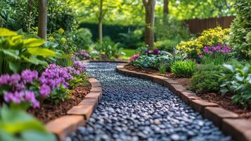 Beautiful garden pathway lined with vibrant flowers and lush greenery in serene outdoor setting. photo