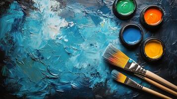 Vibrant colors and brushes arranged on a textured surface in an artistic workspace. photo