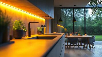 Modern kitchen with warm lighting and a spacious dining area during twilight hours. photo