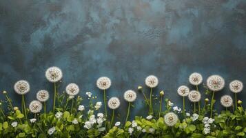 Dandelion seeds and white flowers against a textured blue background. photo