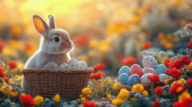 Spring celebration with a bunny and colorful eggs in a vibrant flower field. photo