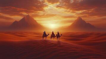 Sunset riders journeying across the desert landscape with mountains in the background. photo