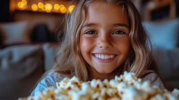 Smiling girl enjoys popcorn during cozy movie night at home with warm lighting ambience. photo