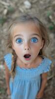 Young girl with blue eyes shows surprise while looking up at the camera in a natural setting. photo